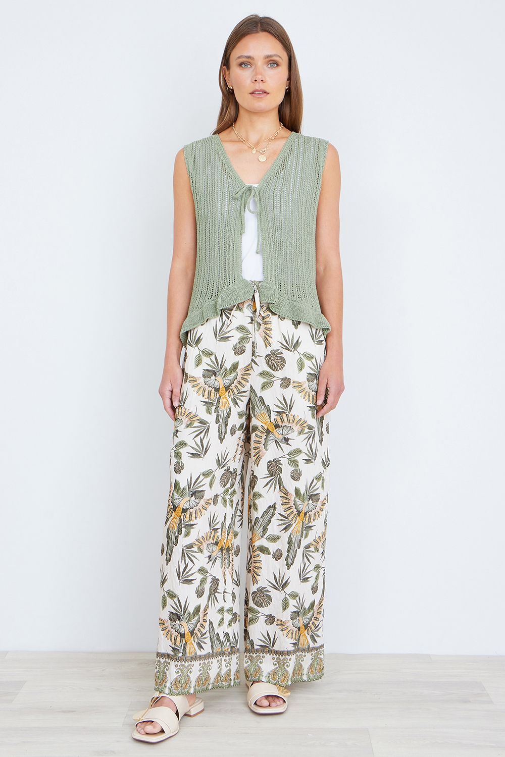 Yumi Bird Print Viscose Wide Leg Trousers