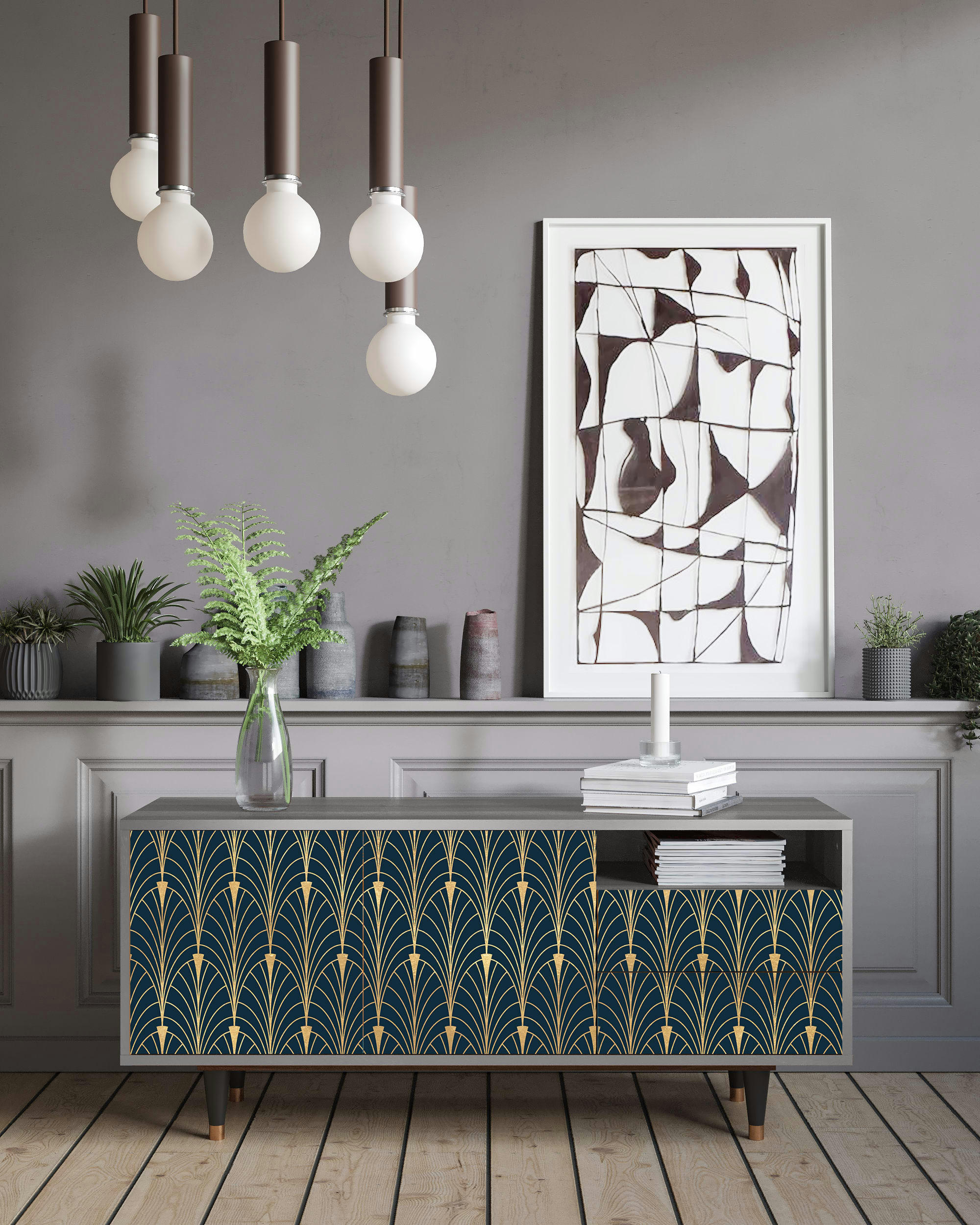 FLOWER OF THE NILE - Meuble TV  bleu et jaune 2 tiroirs et 2 portes L 125 cm