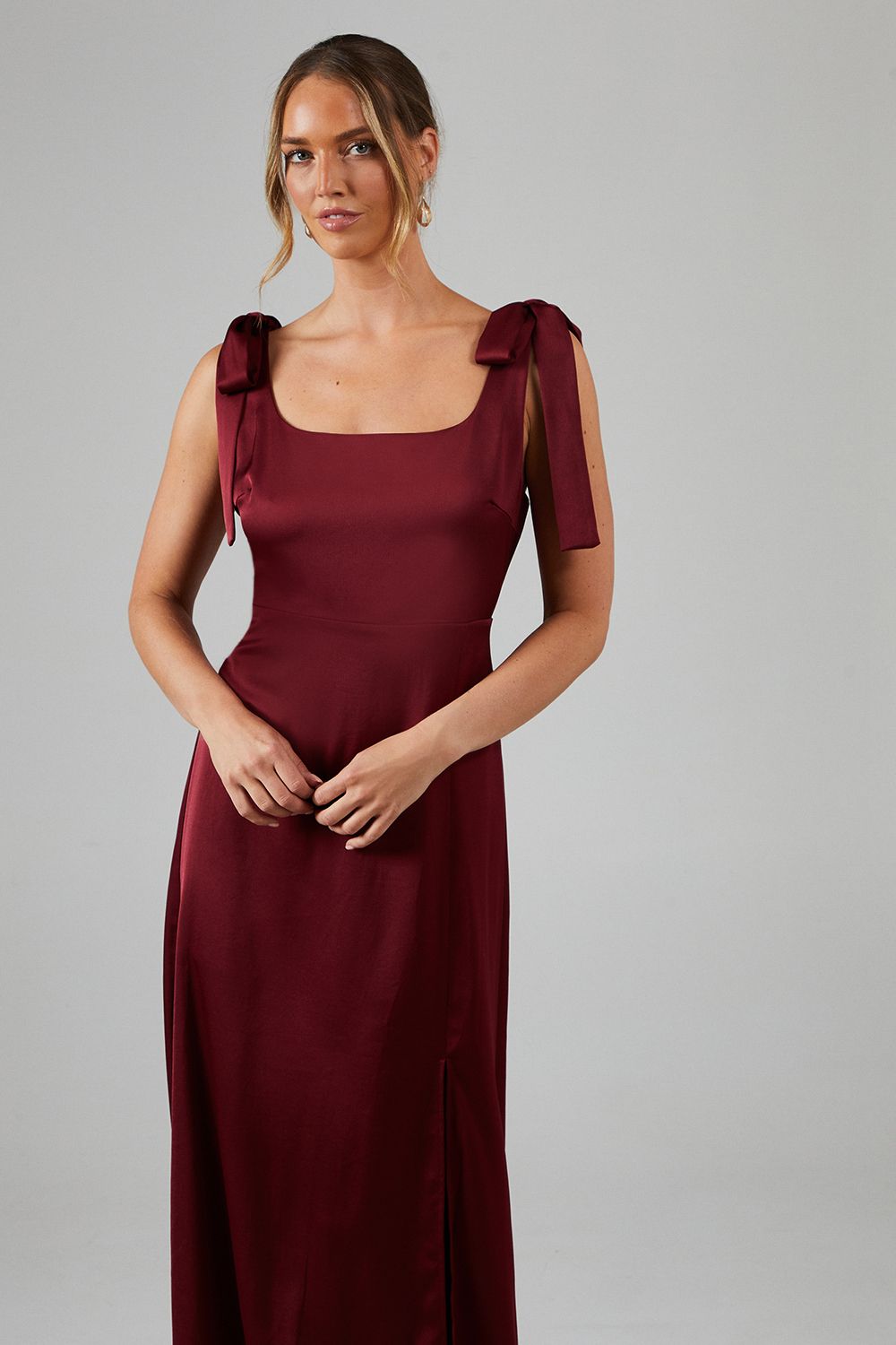 Oasis Wine Satin Tie Shoulder Midi Bridesmaid Dress