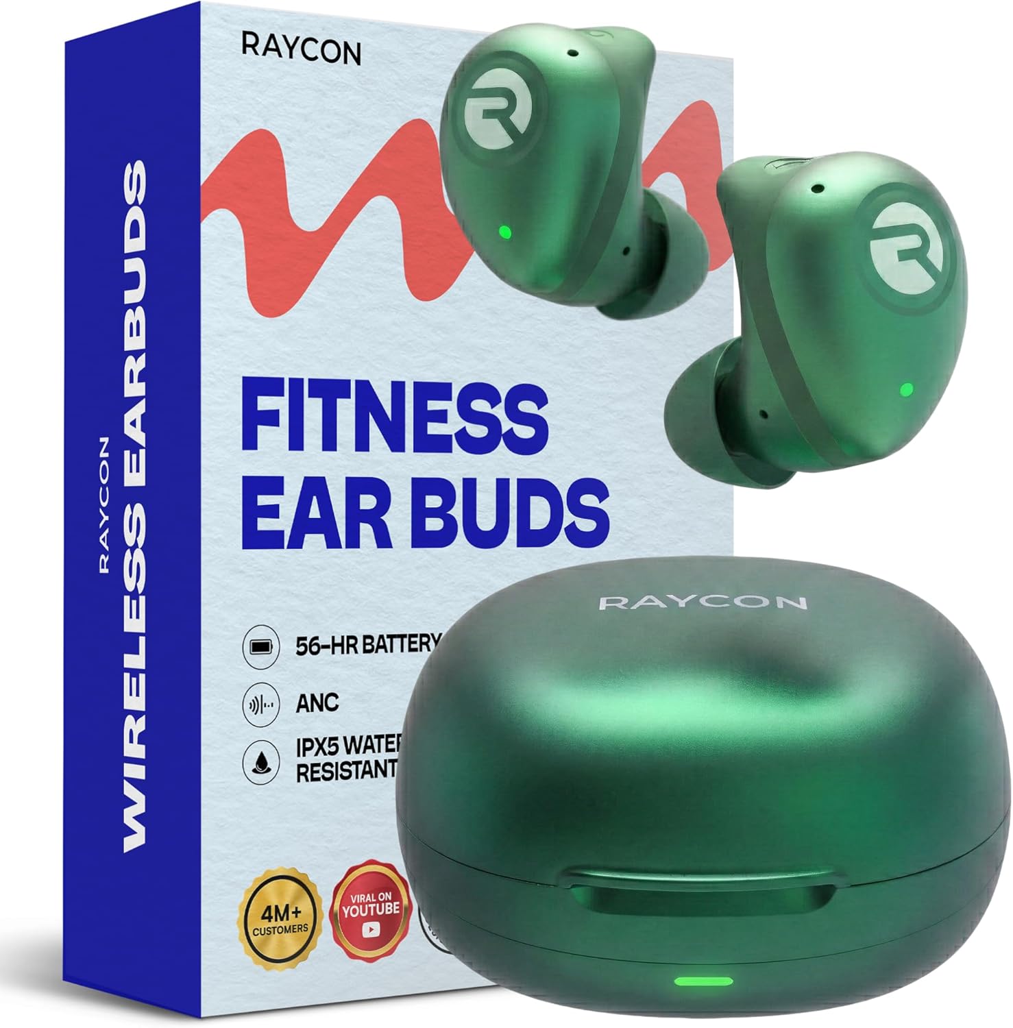 Raycon Fitness Bluetooth Wireless Earbuds + Microphone with Active Noise Canceling, Sweat & Water-Resistant Earphones, Running Headphones, Ear Buds Wireless Bluetooth 56 Hours Playtime (Green)