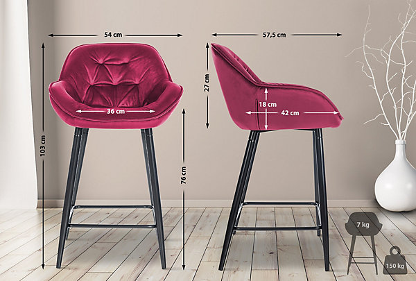 Lot de 2 tabourets de bar Gibson velours, Hauteur d'assise 76 cm, Chaises de bar avec repose-pieds Violet