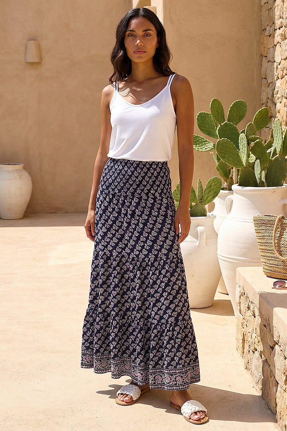 Roman Floral Print Shirred Maxi Skirt
