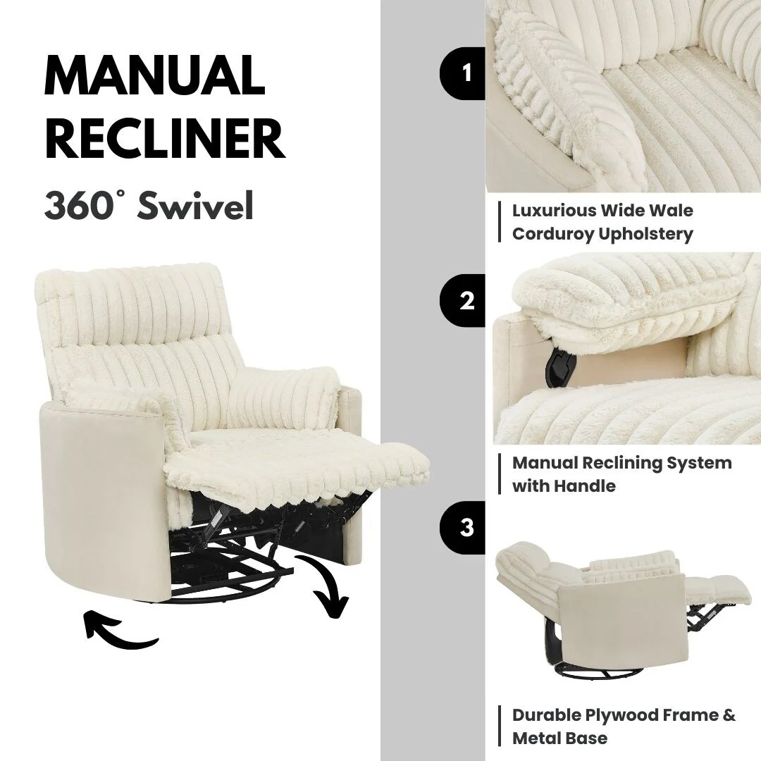 Swivel Recliner Chair with 360° Rotation and Manual Recline - Wide Plush Seat, Pillow-Top Arms, Pocket/Sinuous Springs