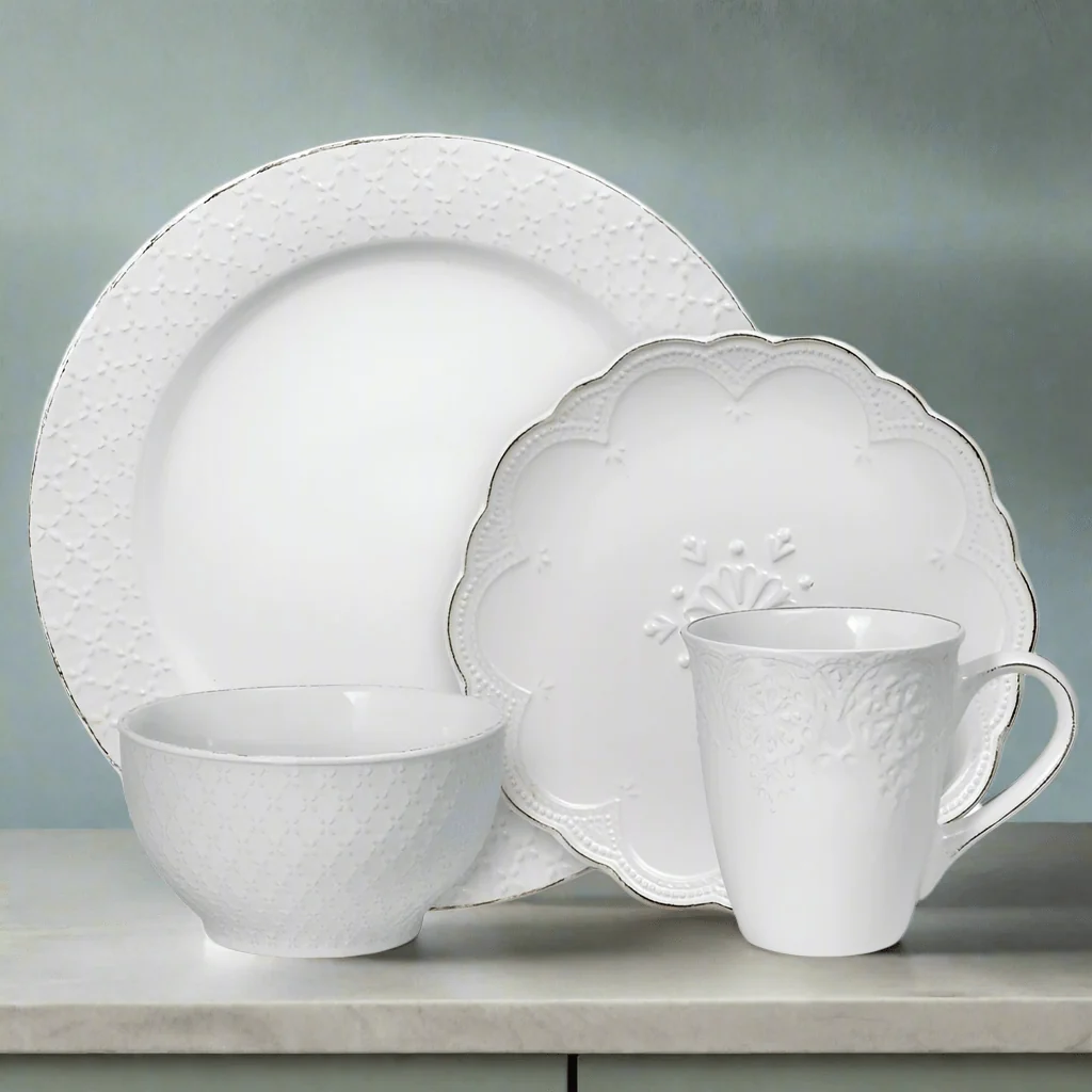 French Lace White 16 Piece Dinnerware Set Service for 4