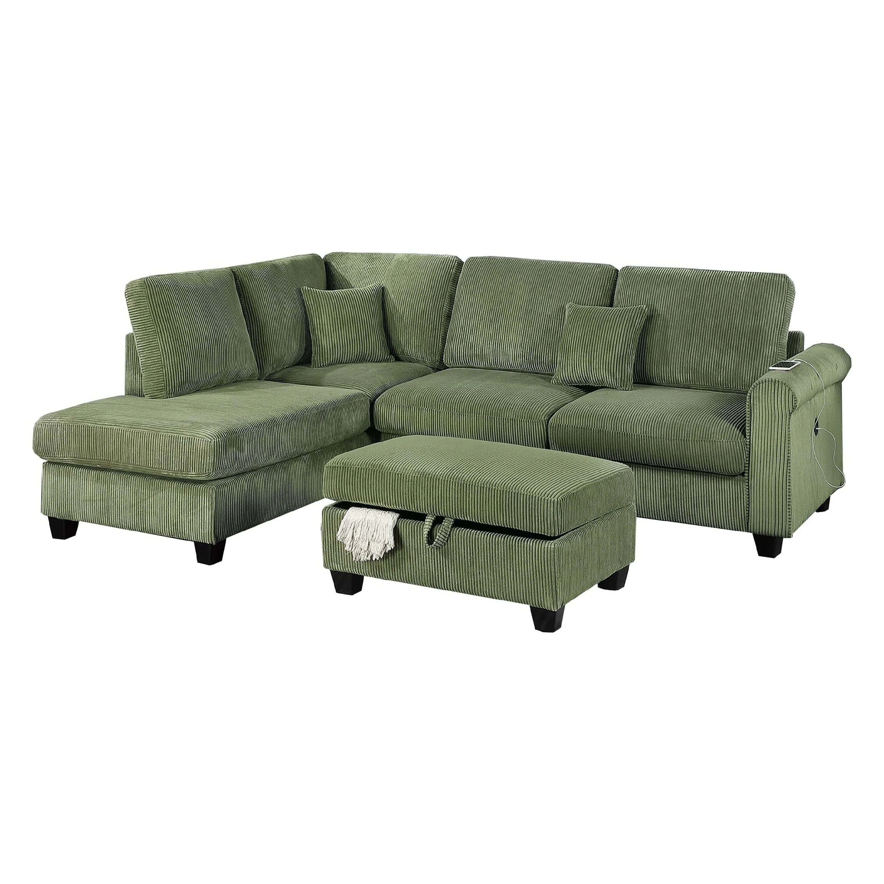 Roe 3pc Sectional Sofa Set w Chaise, Ottoman, 2 Pillows, Sage Green