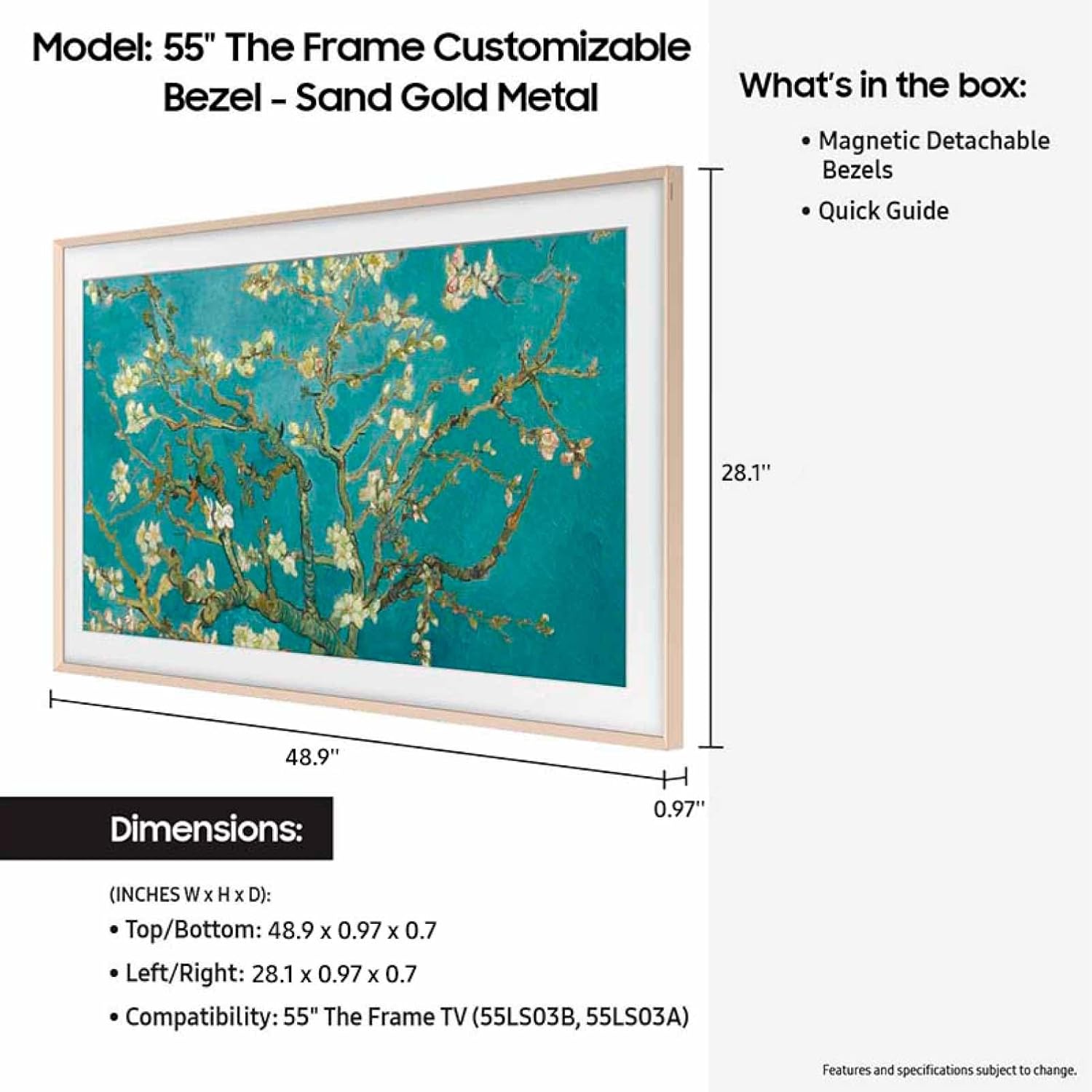 Samsung 55” The Frame TV Customizable Bezel  Magnetic  Quick and Easy Installation  VG-SCFC55SGMZA  2023  Sand Gold Metal