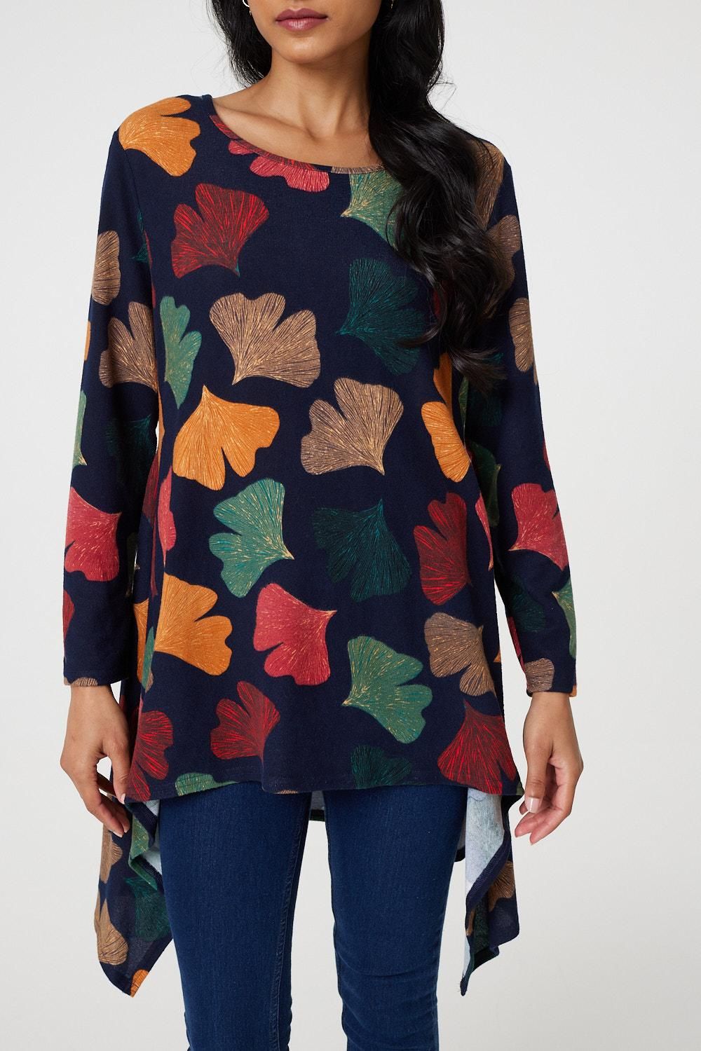 Izabel London Leaf Print High Low Tunic Top