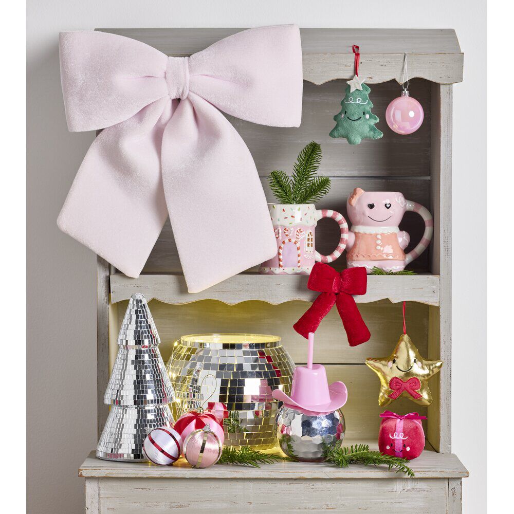 Noeud de No&euml;l velours rose poudré grand modèle 40x40cm