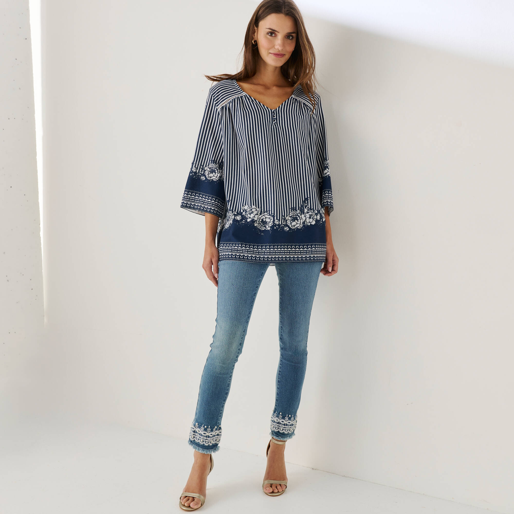 Blouse ample imprimée manches 3/4 pagodes