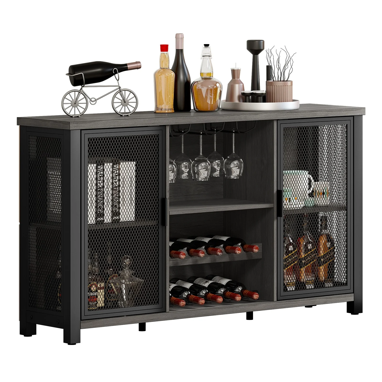 Industrial Bar Cabinet for Liquor and Glasses Coffee Bar Cabinet with Wine Racks Mesh Door Glass Holders