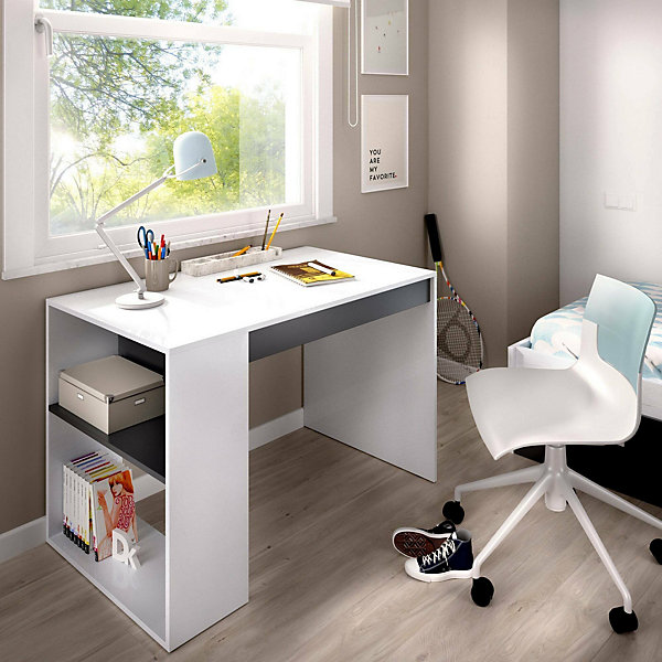 Bureau Dfalc, Bureau polyvalent pour bureau ou chambre, Table d'étude linéaire avec étagères, 115x50h74 cm, Blanc et Anthracite