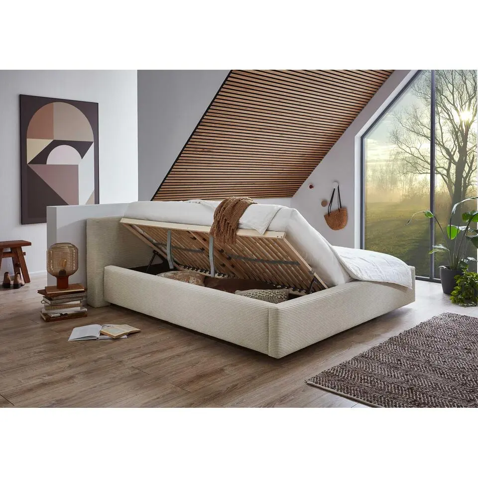 Tweepersoonsbed Kubrik 180x200cm met opbergruimte en matras - beige ribfluweel