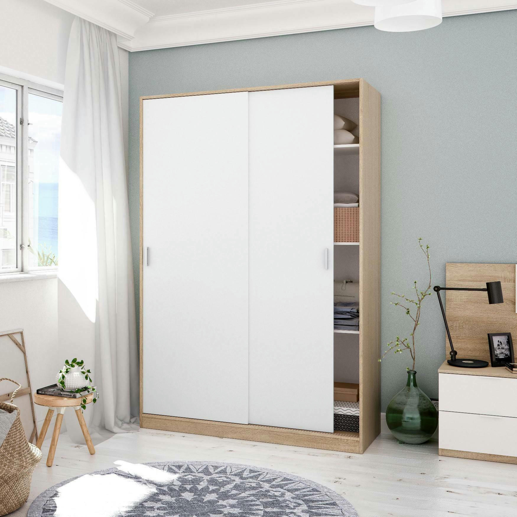 DNOCE - Garde-robe à 2 portes coulissantes effet chêne et bois blanc