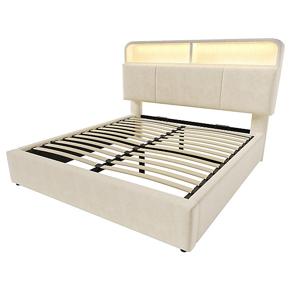 Lit double 180x200 cm, tête réglable, LED/USB, hydraulique, velours - beige