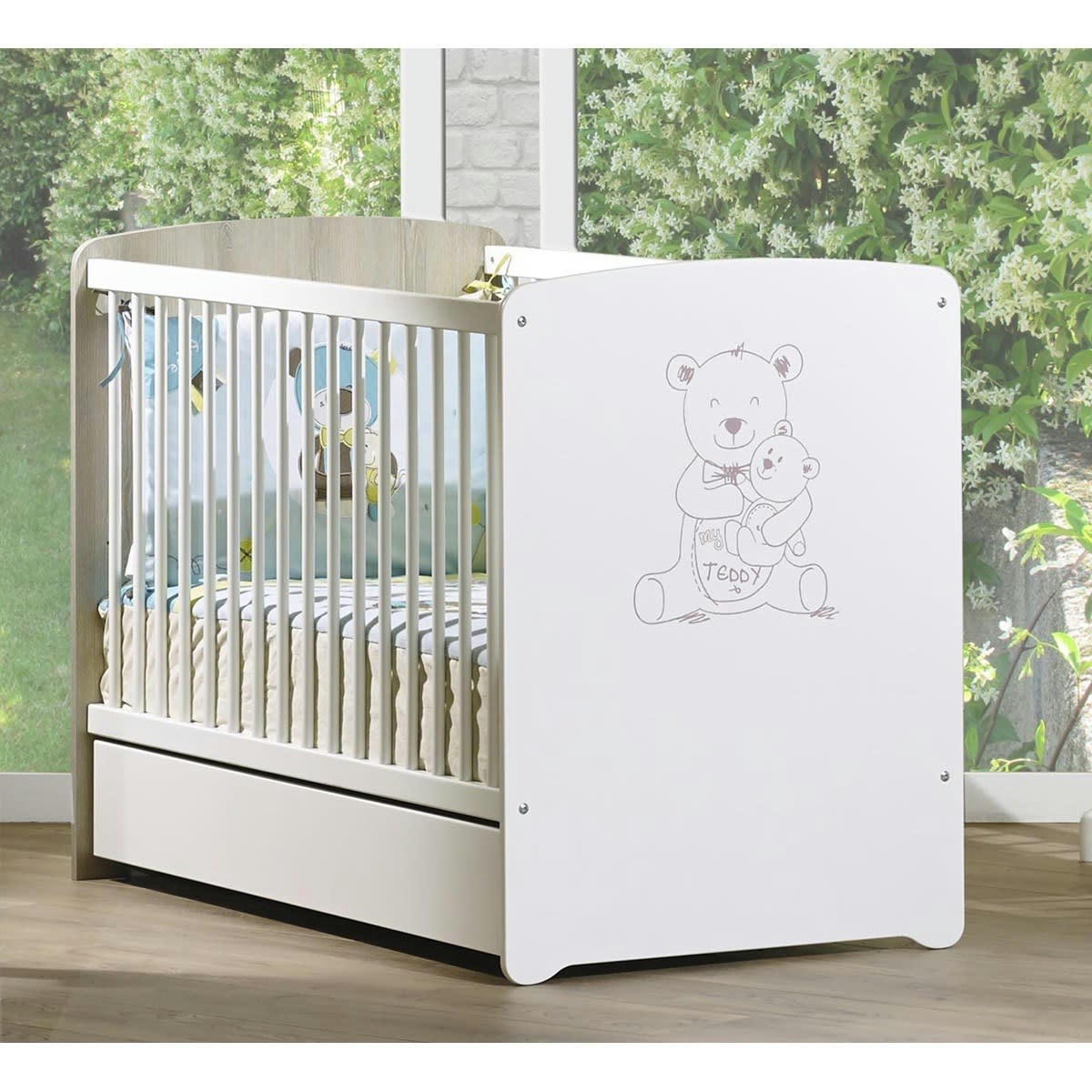 TEDDY - Lit bébé 120x60 sérigraphié taupe en bois blanc