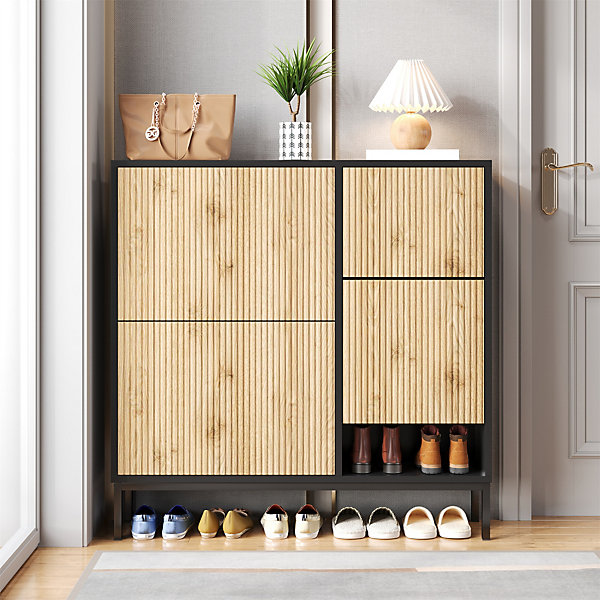 Meuble à chaussures 100 cm avec 3 portes basculantes et banc escamotable, noir et bois naturel