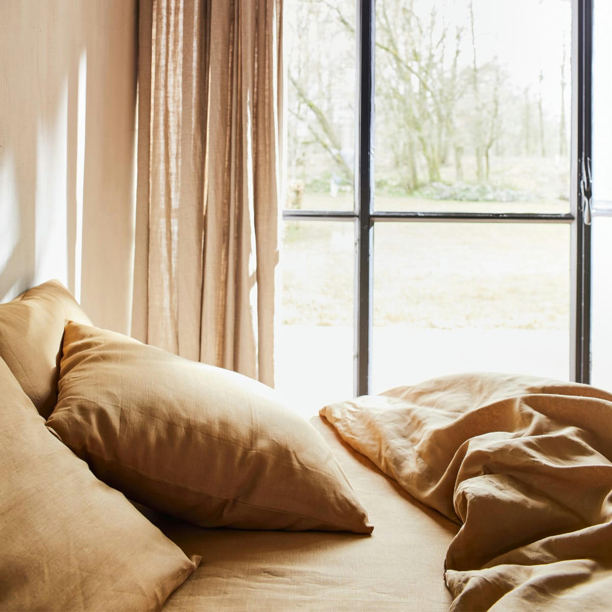 LIN BLÉ - Drap housse uni en lin beige foncé 180x200