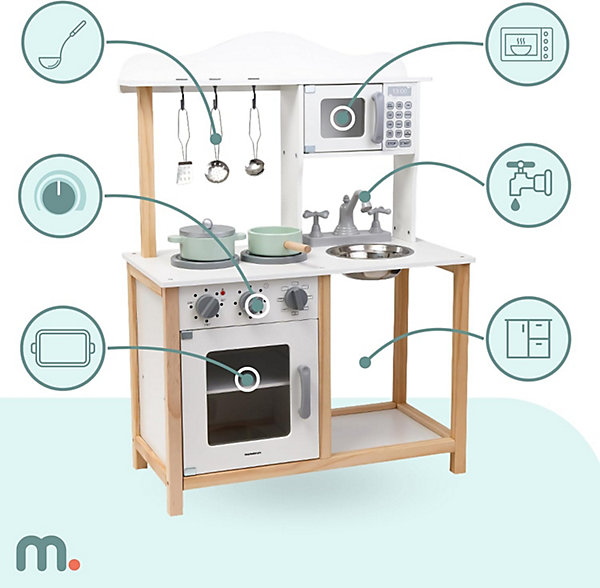 Cuisine Enfant en Bois avec Micro-Ondes, Four, évier et Accessoires - Sons mécaniques, Jouet Montessori  3 Ans