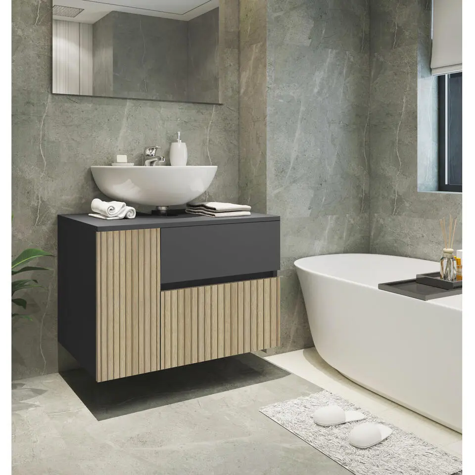 Wisla - Wastafelonderkast 80 cm met 1 deur 1 lade 1 klep in antraciet eikenoptik