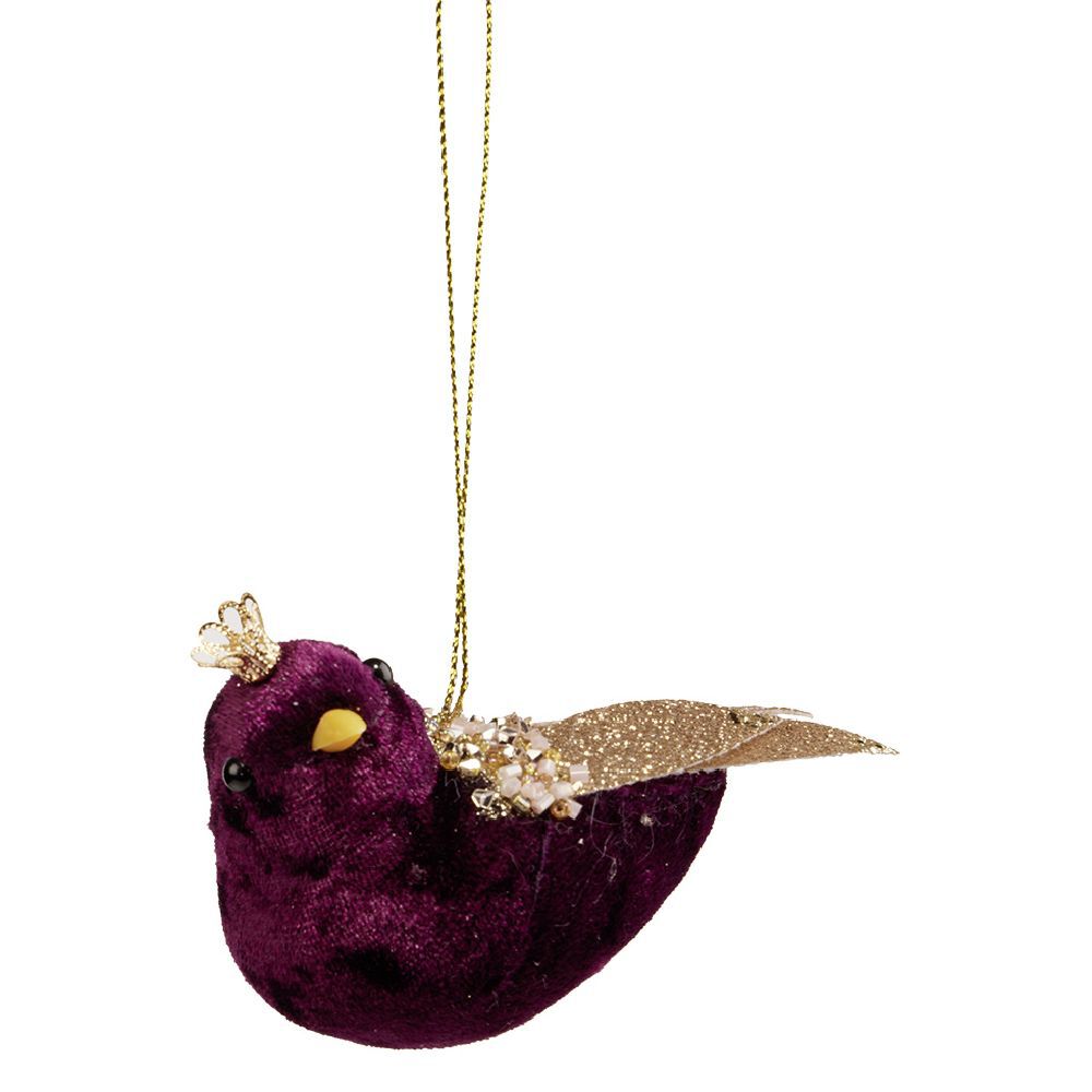 Suspension No&euml;l oiseau velours rouge et doré H.7 cm