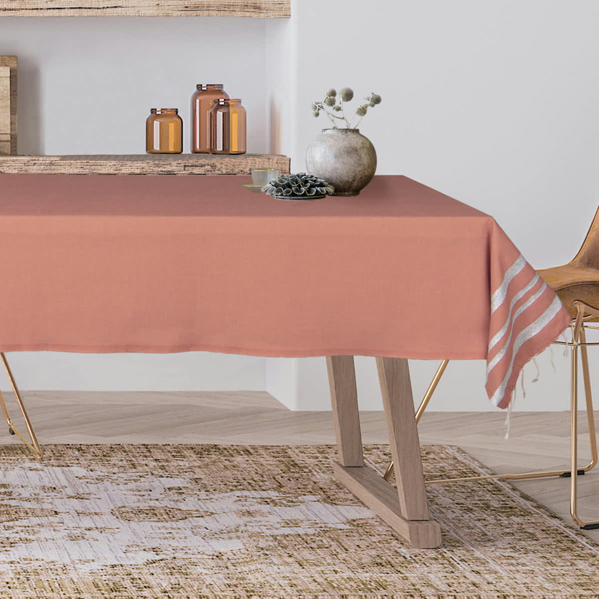 HAMPTONS - Nappe lurex coton  150x250 terracotta / argent