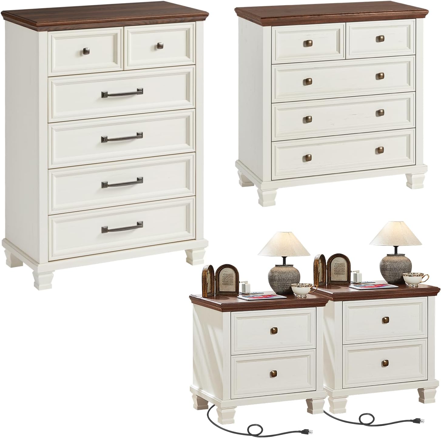 Farmhouse Bedroom Dresser and Nightstand Set of 4, 6 Drawer Tall & 5 Drawers Dresser & 2 Drawer Nightstand Set, Rustic Wood Furniture Set for Bedroom, Hallway, White