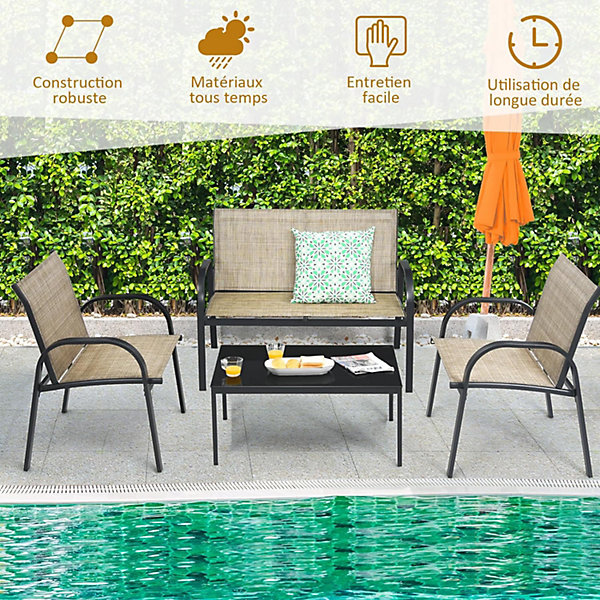 4 Pieces Salon de Jardin en Tissu 1 Chaise Double 2 Chaises Simple 1 Table Basse Charge Totale 390KG Accoudoir Lisse Marron