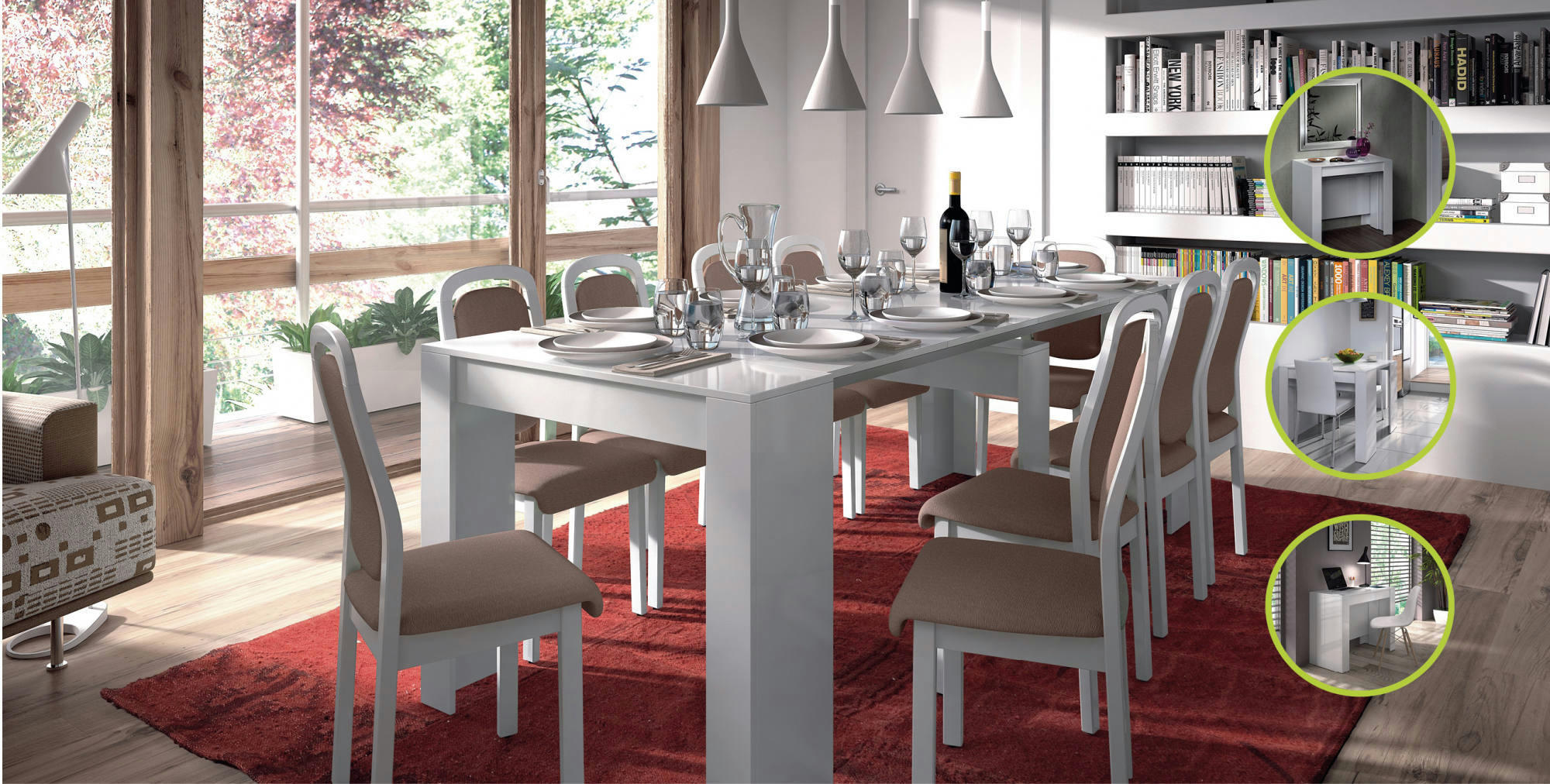 COMPTON - Table extensible effet bois blanc brillant 51/237x90h77 cm