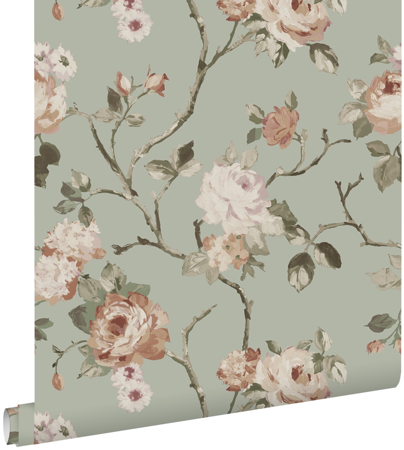ESTAhome behang vintage bloemen vergrijsd mintgroen en zacht roze - 53 cm x 10.05 m - 139291