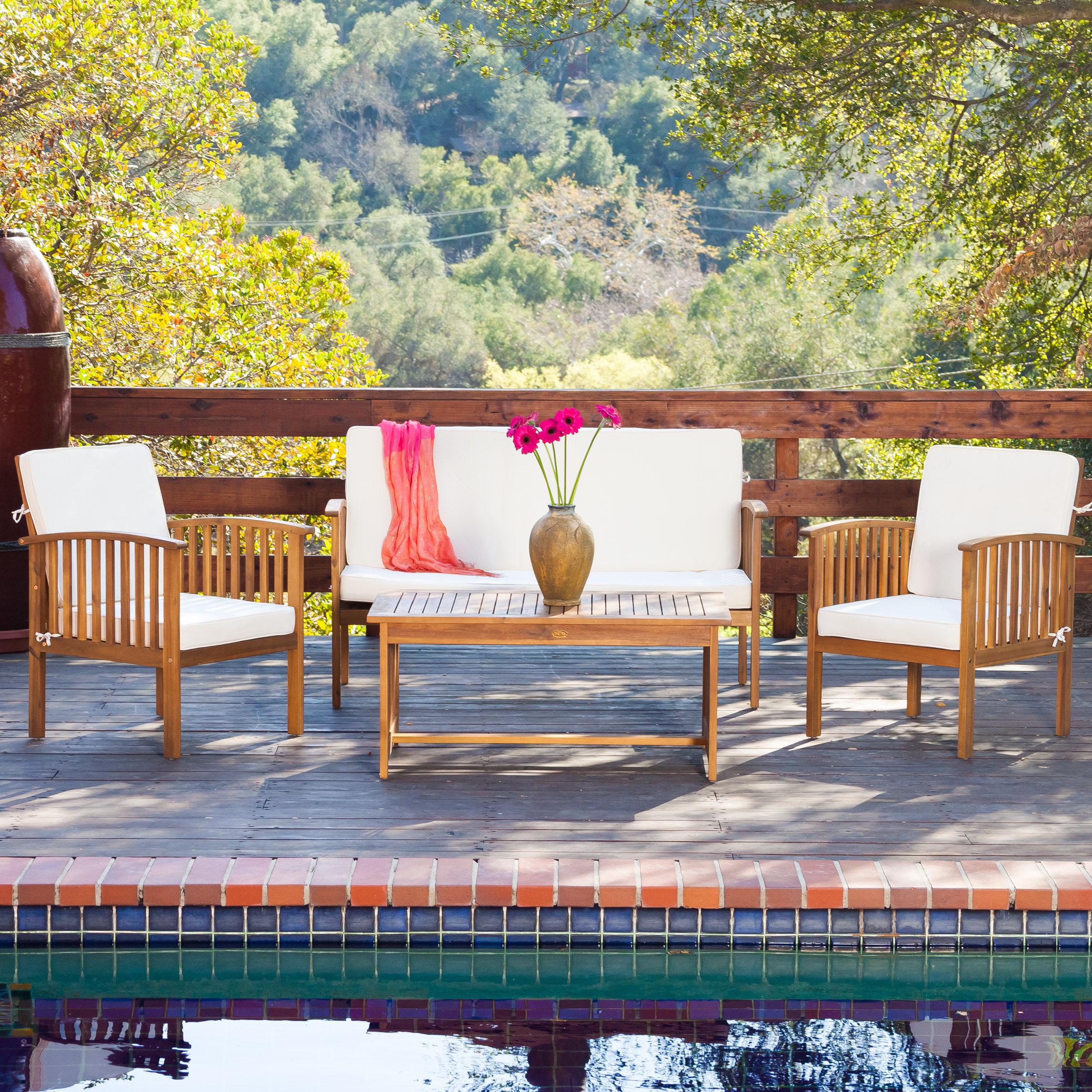Acacia Wood 4-Piece Outdoor Patio Conversation Set, Water-Resistant Cushions