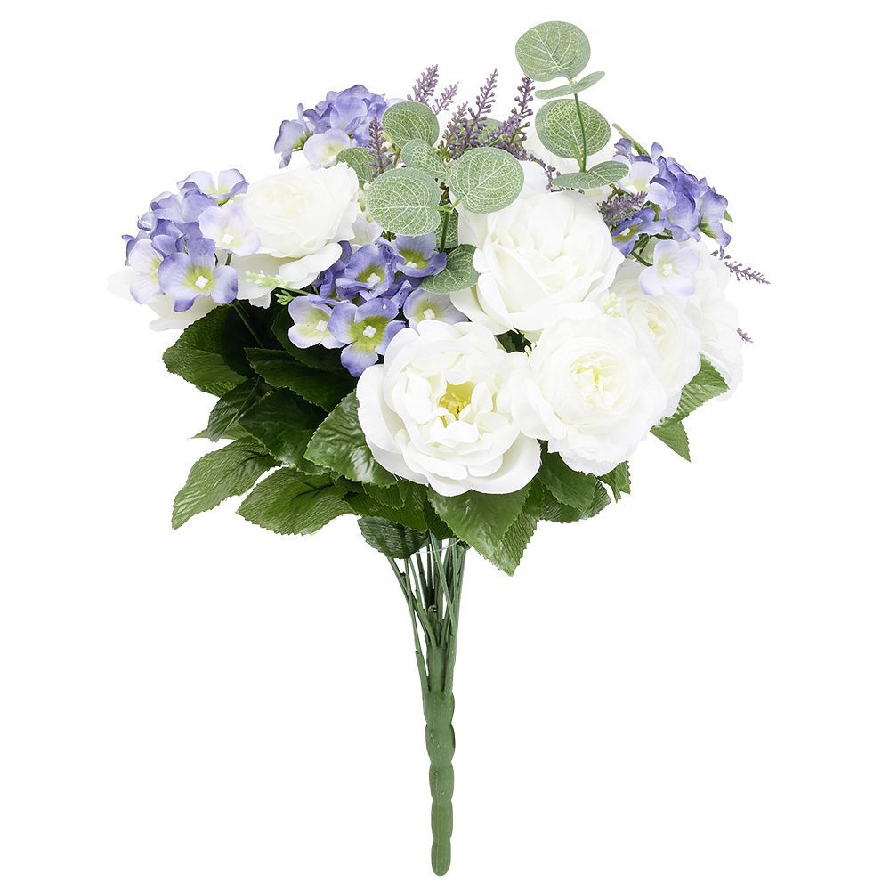 Piquet fleur artificielle Ø32xH40cm blanc et bleu