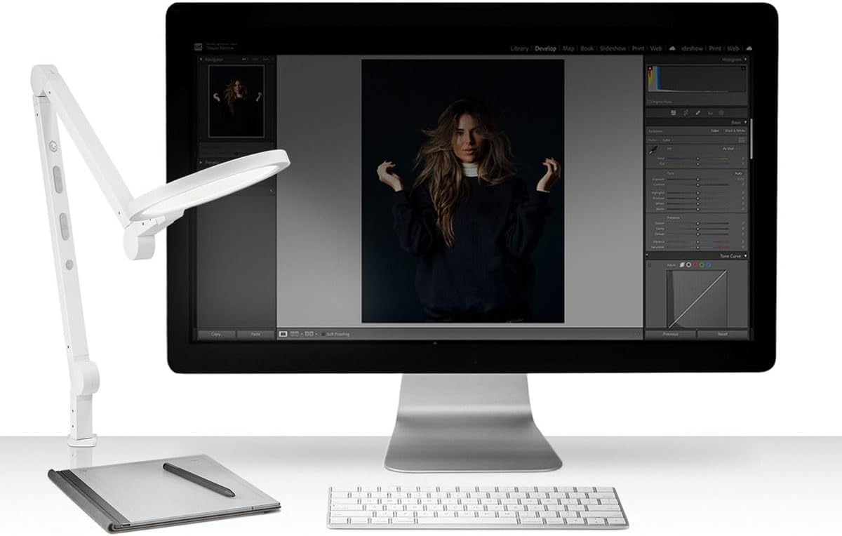 LUME CUBE Edge 2.0 LED Desk Lamp | Dimmable Home Office Desk Light with USB Charging Port & Strong Swing Arm | Adjustable Color Temperature and Brightness | Circle Webcam Light - White