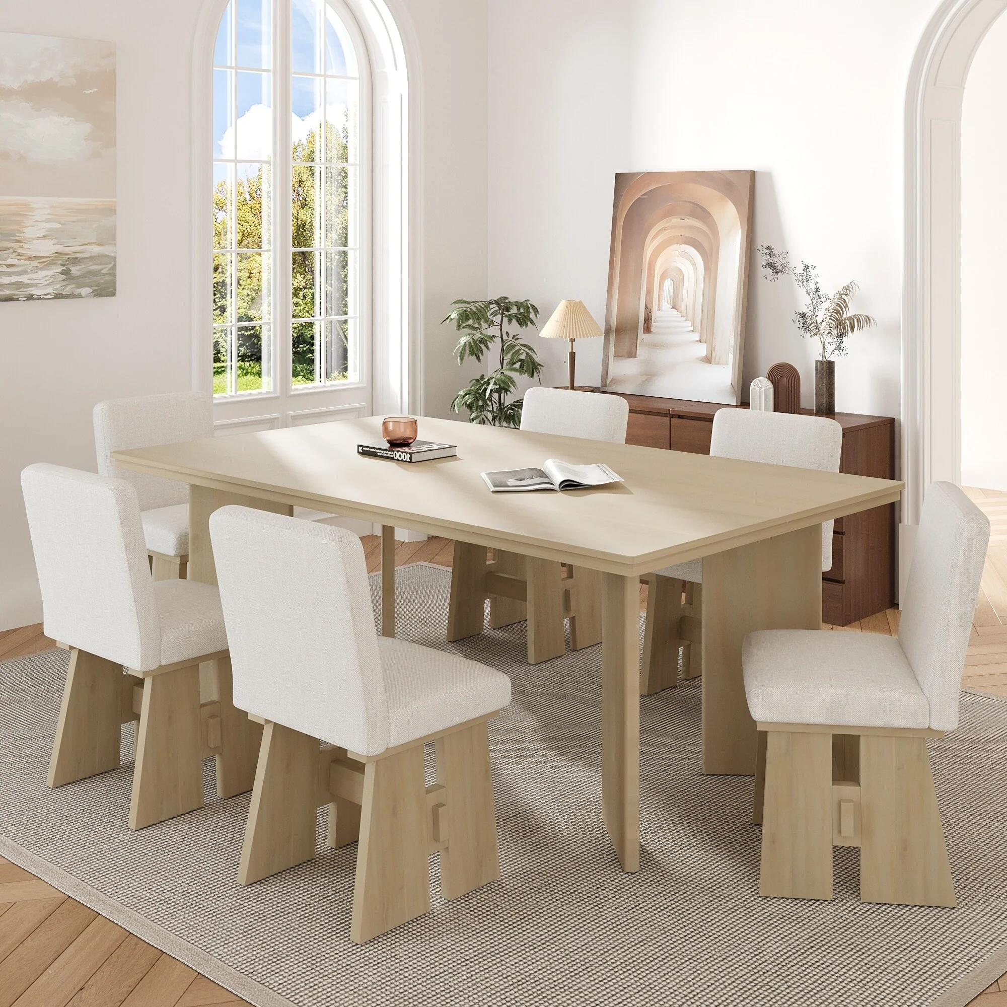 Roomfitters Modern 7-Piece Dining Table Set with 6 Upholstered Chairs