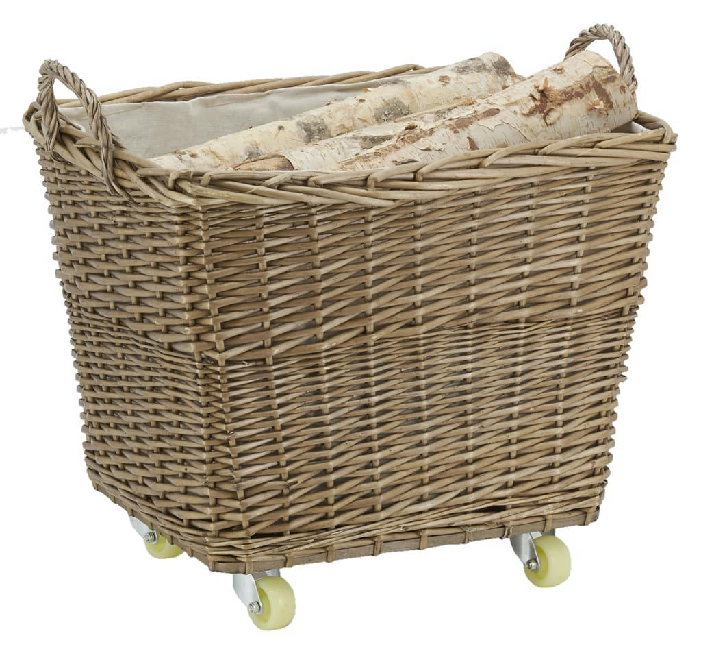 - Corbeille à roulettes en osier avec doublure en jute rectangulaire