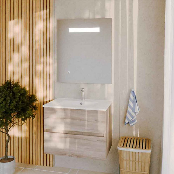 Meuble salle de bain 70 cm ROSALY avec plan vasque et miroir Elégance ht80- Bois- Plan vasque en Céramique