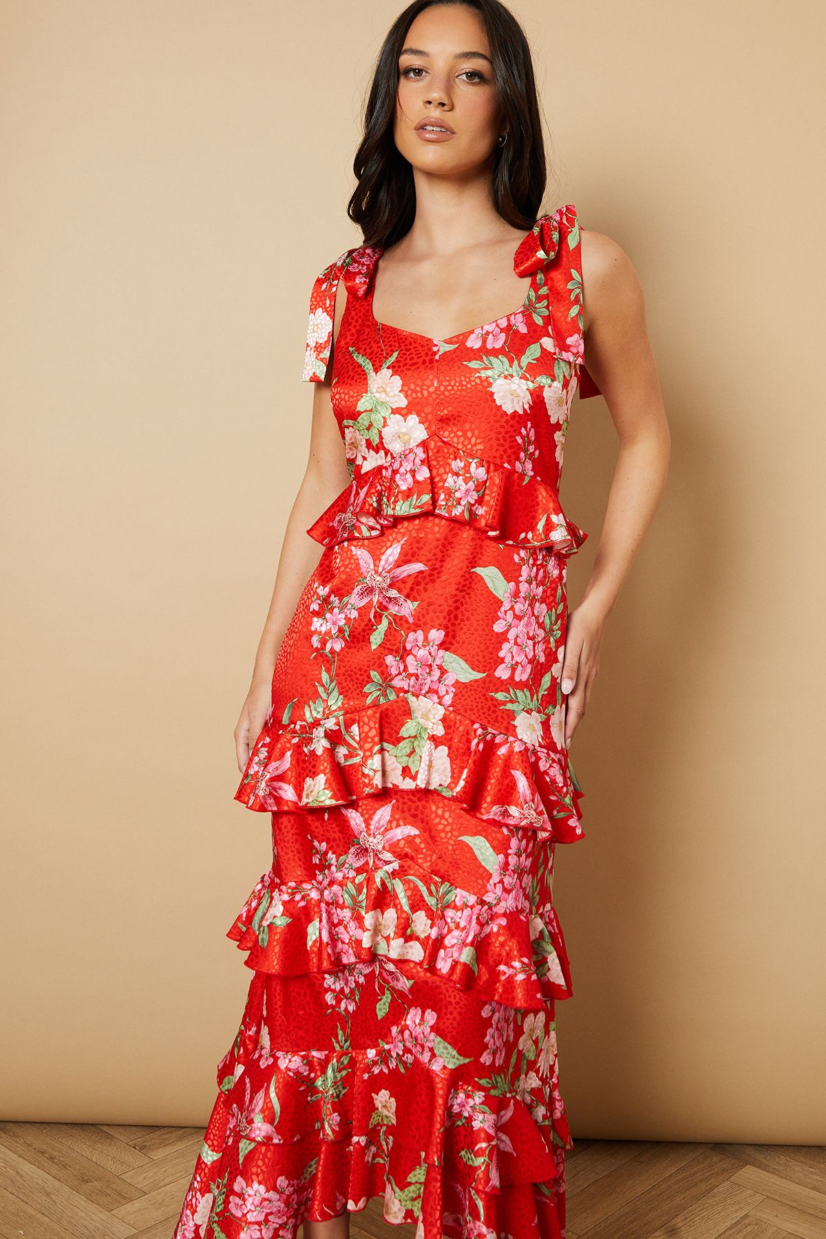 Oasis Printed Satin Jacquard Tiered Midi Dress
