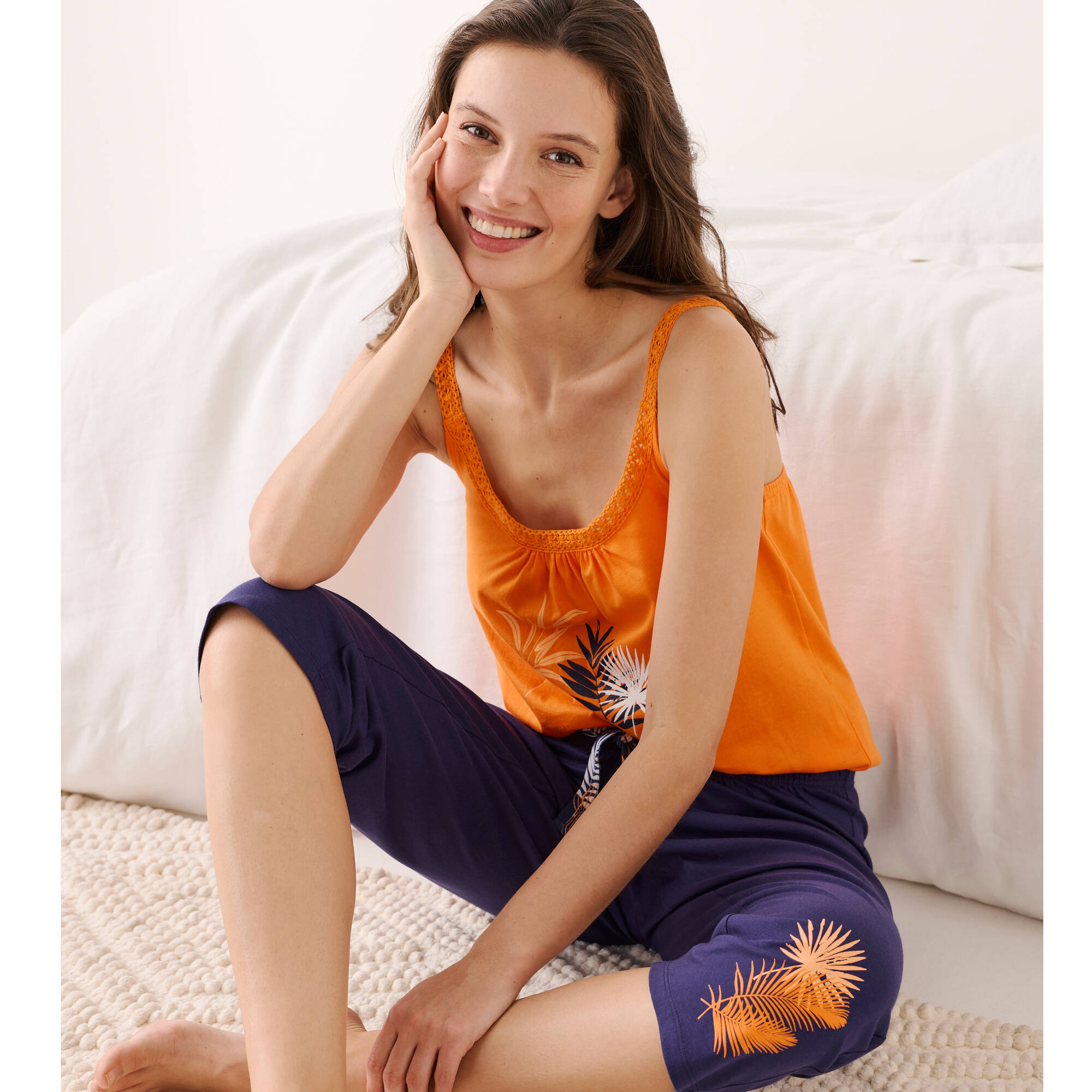 Pantacourt de pyjama en coton - uni tropical