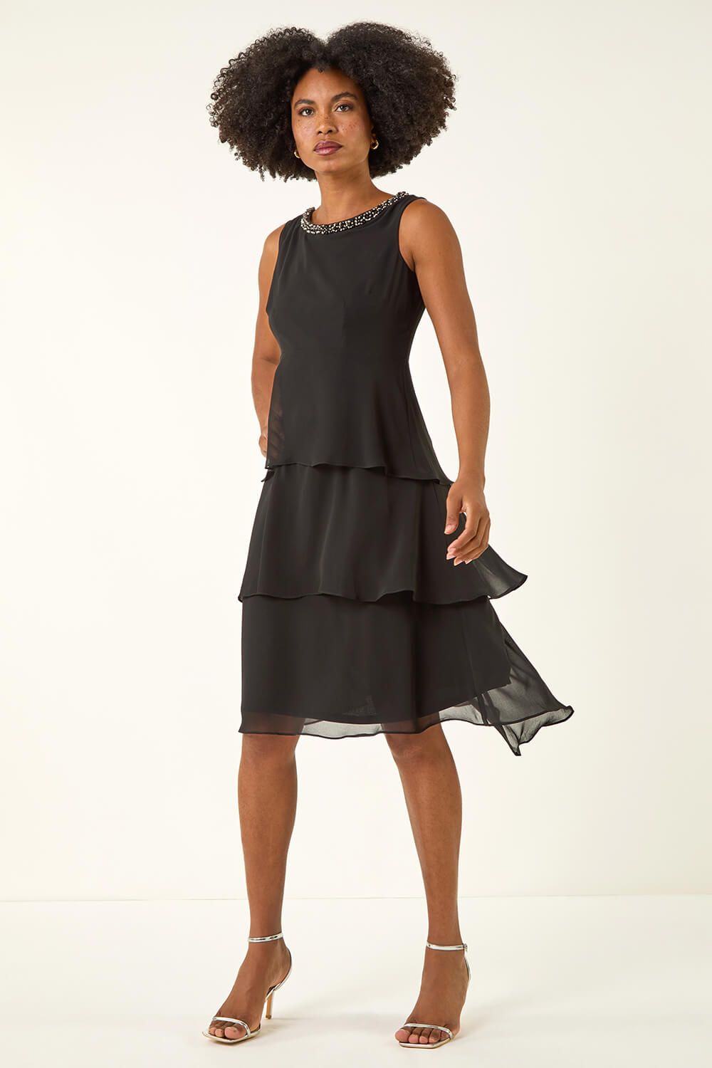 Roman Tiered Embellished Neck Chiffon Dress