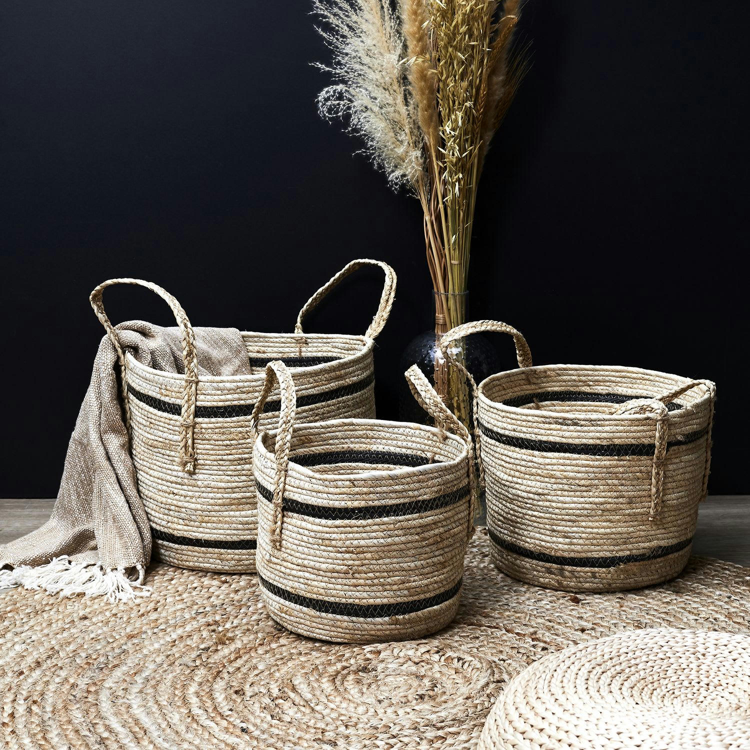 - Lot de 3 paniers en fibre de maïs beige