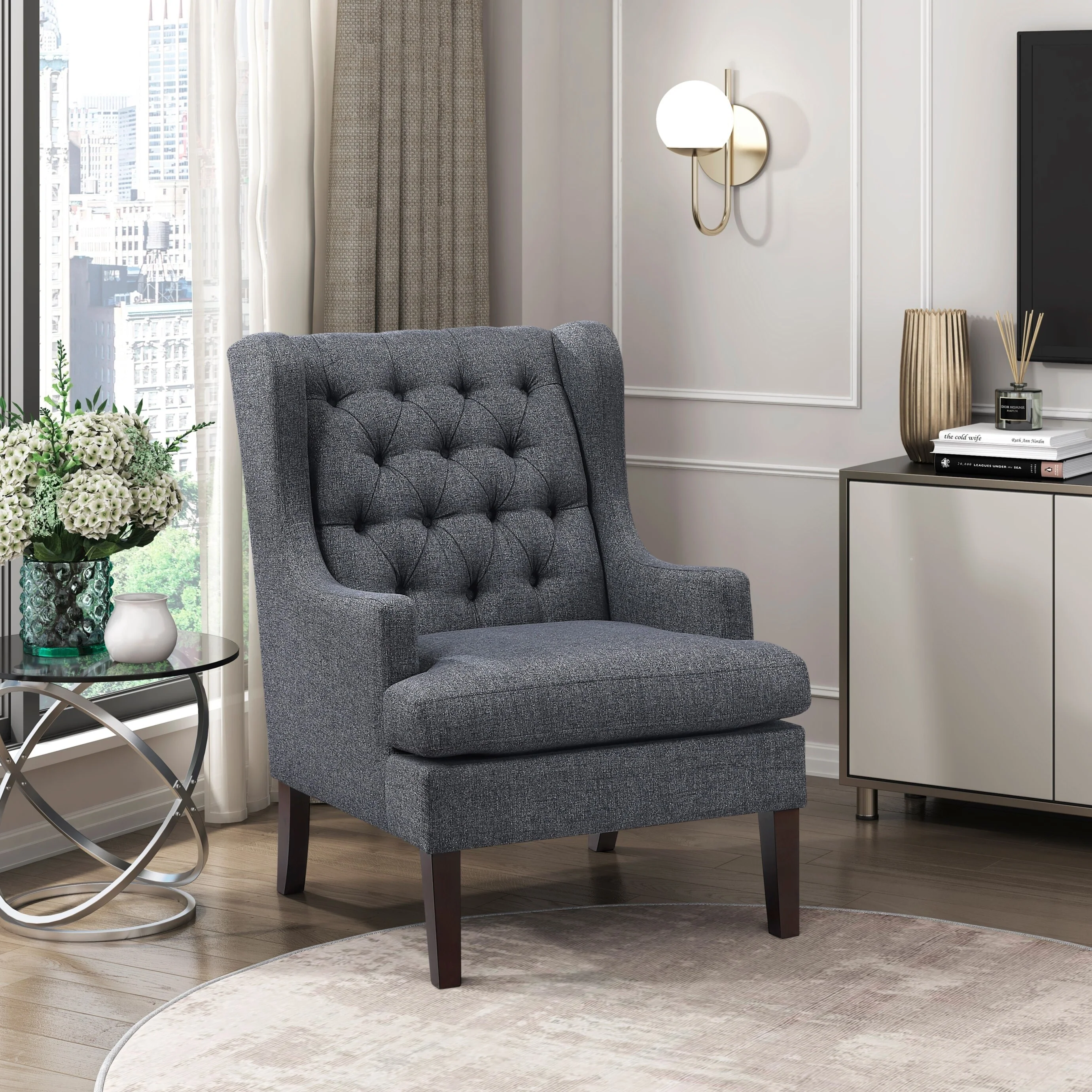Accent Chair with Button-Tufted Fabric Upholstery, Foam Cushioned Seat and Rubber Wood Legs for Living Room