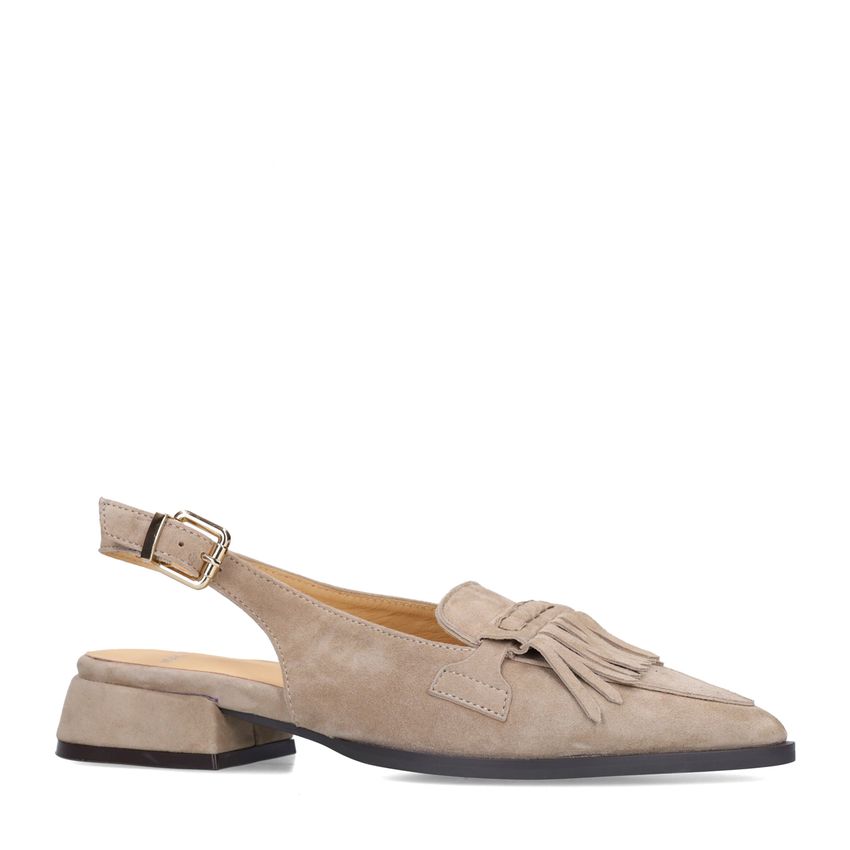 Manfield Taupe suède slingbacks met franjes