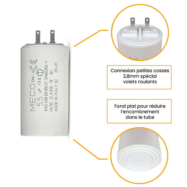Condensateur, 5,5 uF, Cosses, Meco, Moteur de Volet roulant