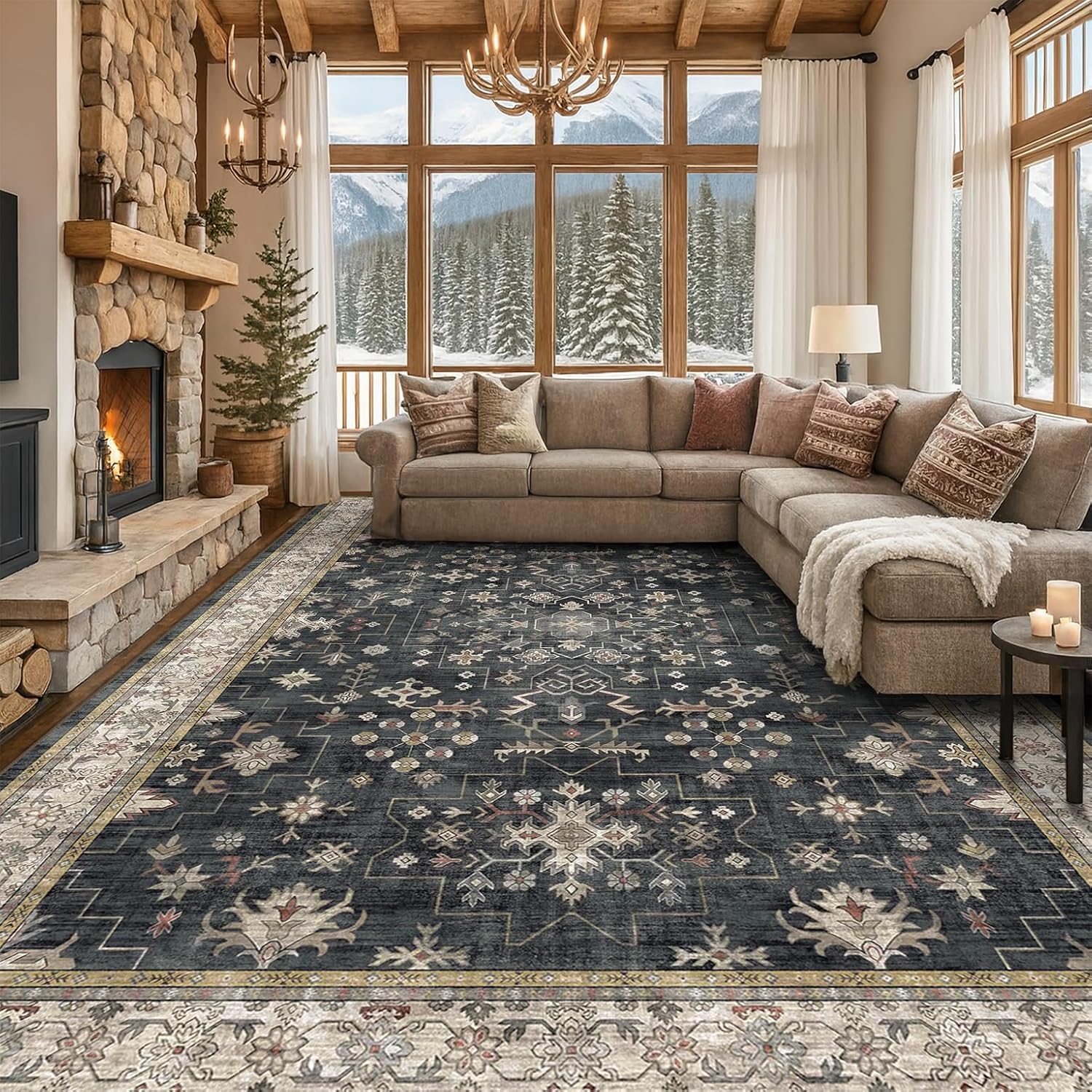 Boho Black Rug for Living Room - Washable 10x14 Area Rug, Dining Room Rugs for Under Table, Soft Low Pile Carpet for Large Bedroom - Farmhouse Decor, Non-Slip & Stain Resistance (10x14 Black/Multi)
