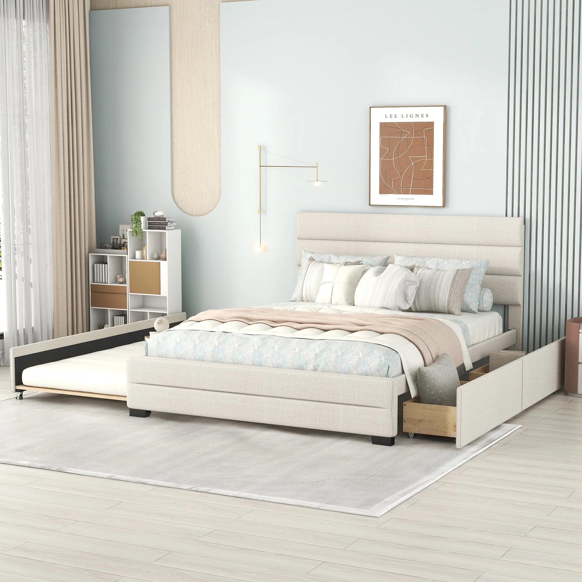 Queen Upholstered Platform Bed with Twin Trundle and Storage Drawers