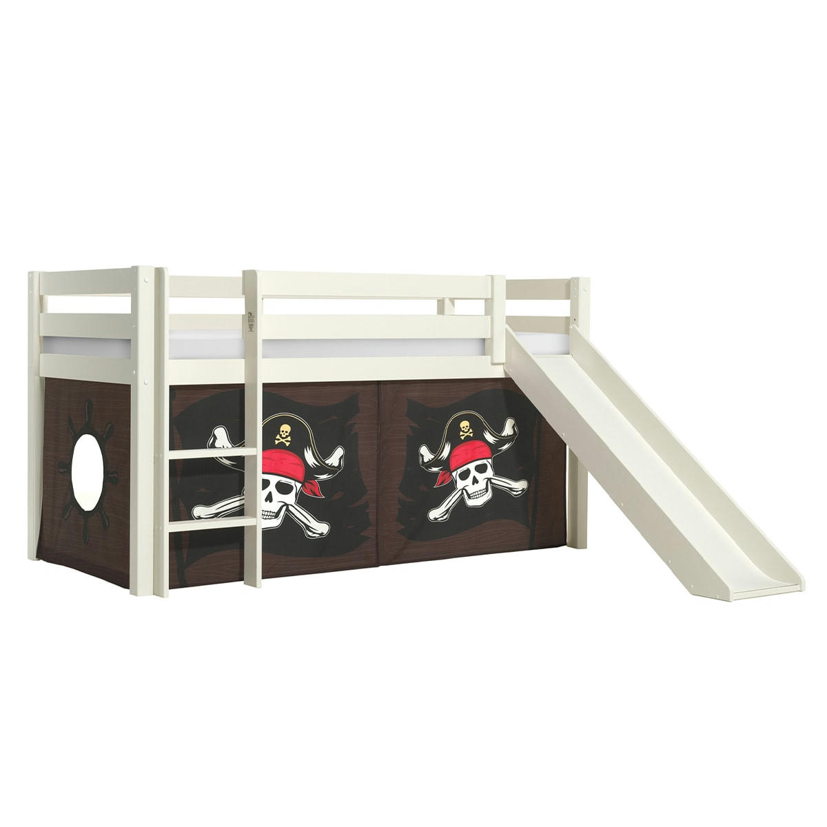 PINO - Lit mi-hauteur 90x200 toboggan sommier inclus housse pirate blanc