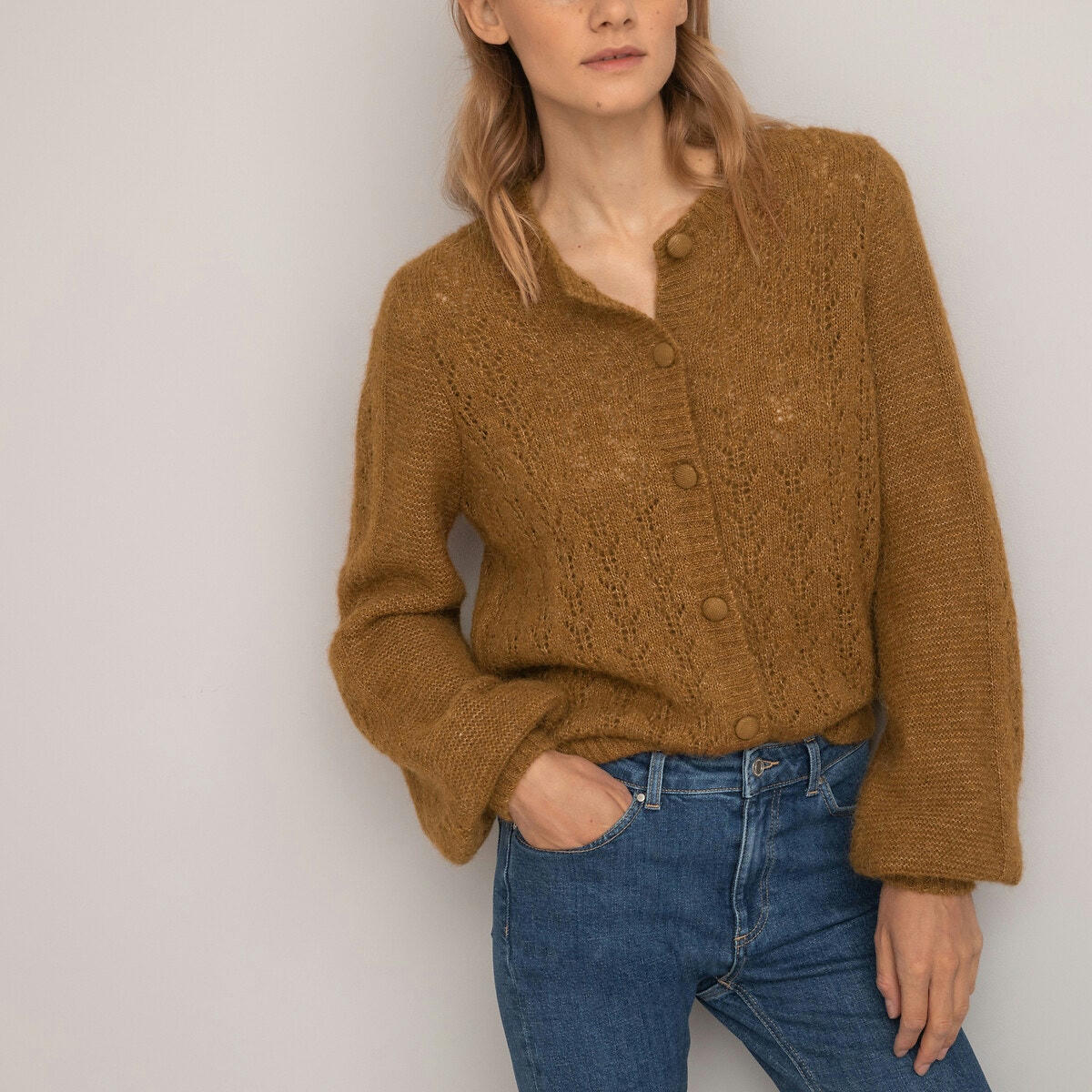 Cardigan maille pointelle, en alpaga mélangé