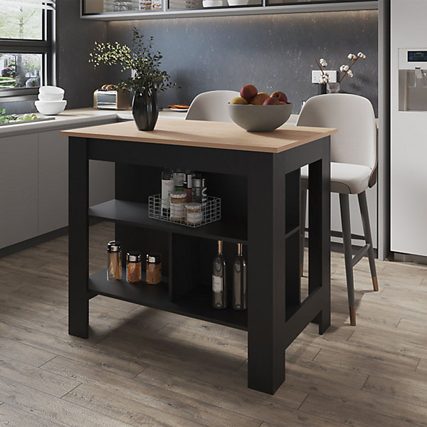 Ilot de cuisine Cala en mélamine avec 3 étagères , Rovere / Black , 90 cm X 103 cm X 70 cm
