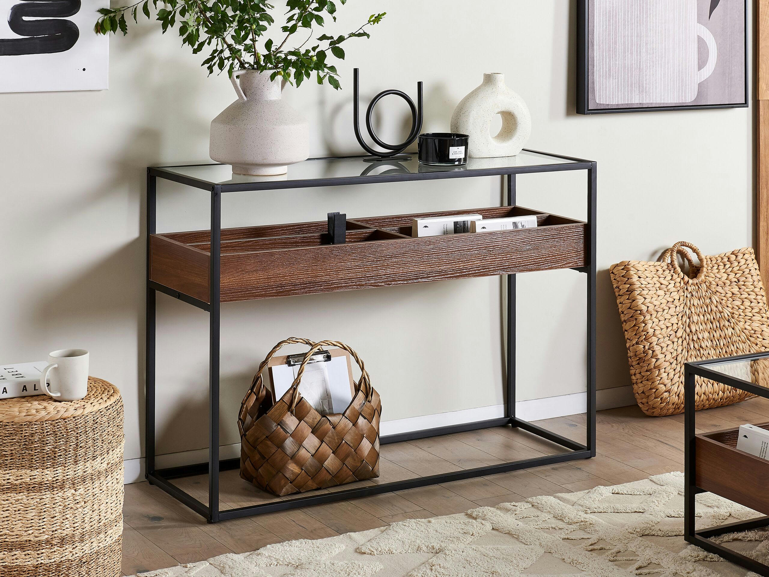 WACO - Console au plateau de verre bois sombre noir