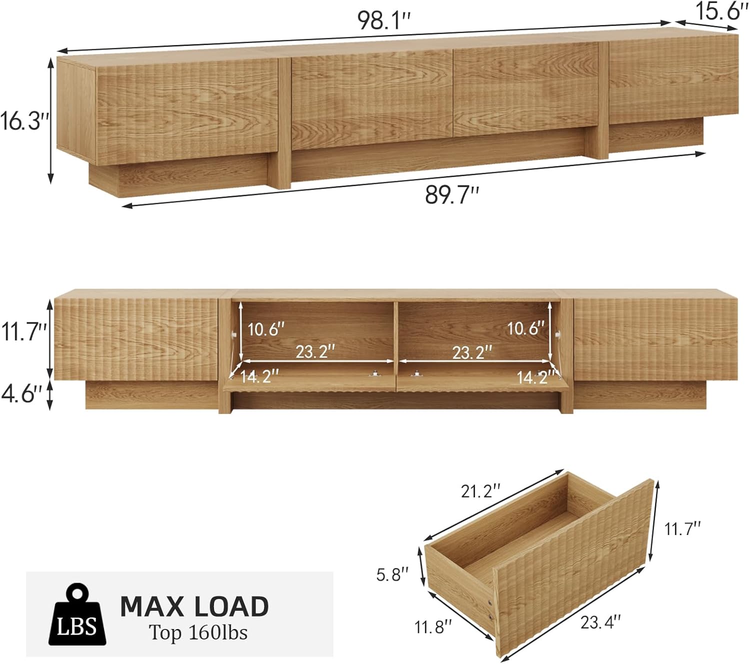 TV Stand and Coffee Table Set of 2, Modern TV Stand for Living Room, 98” Entertainment Center Fits 55”-95” TVs,Lift Top Coffee Table for Home,Office, Natural