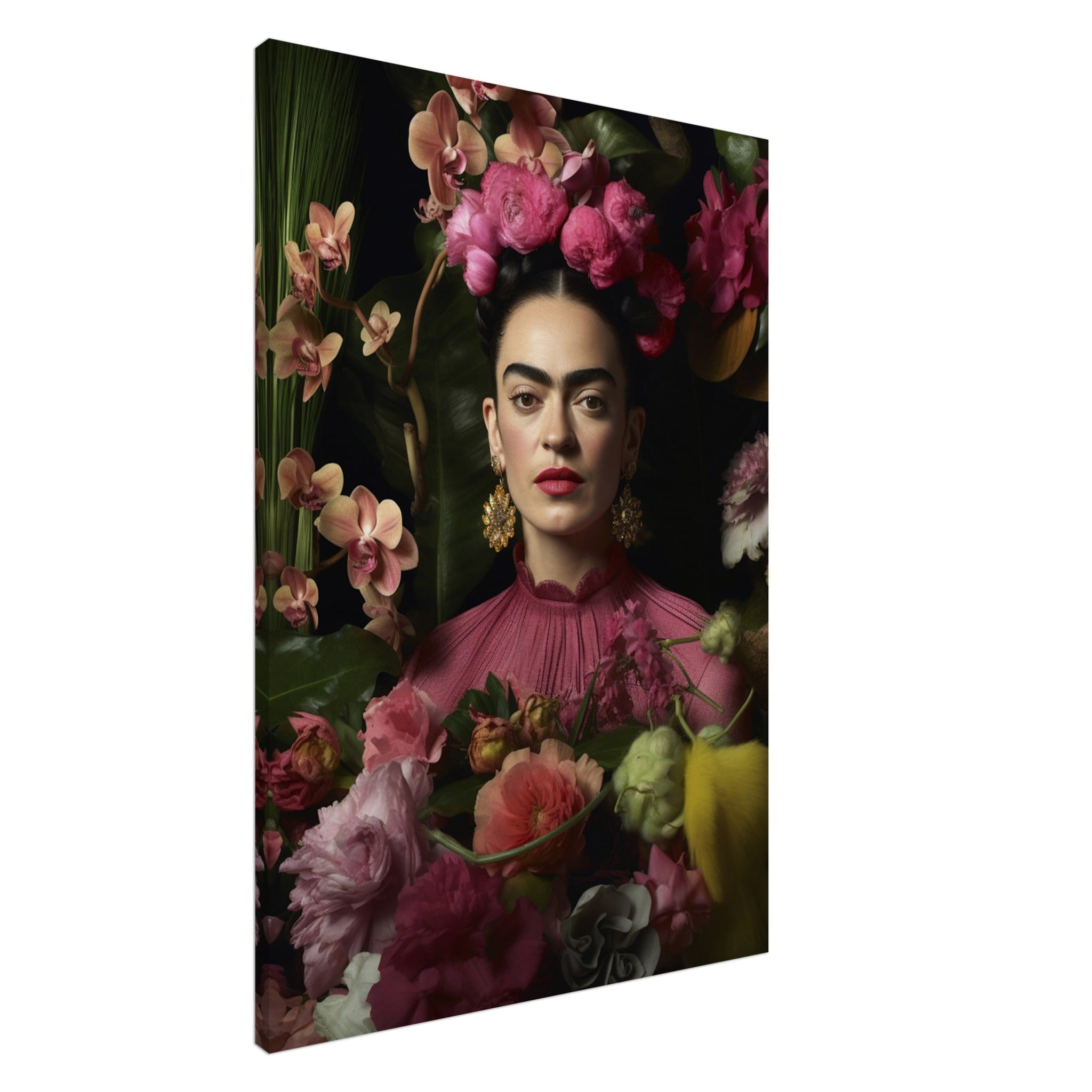 Artfulprints Canvas Frida Kahlo – Floral portrait canvas - 75x100 cm - Roze